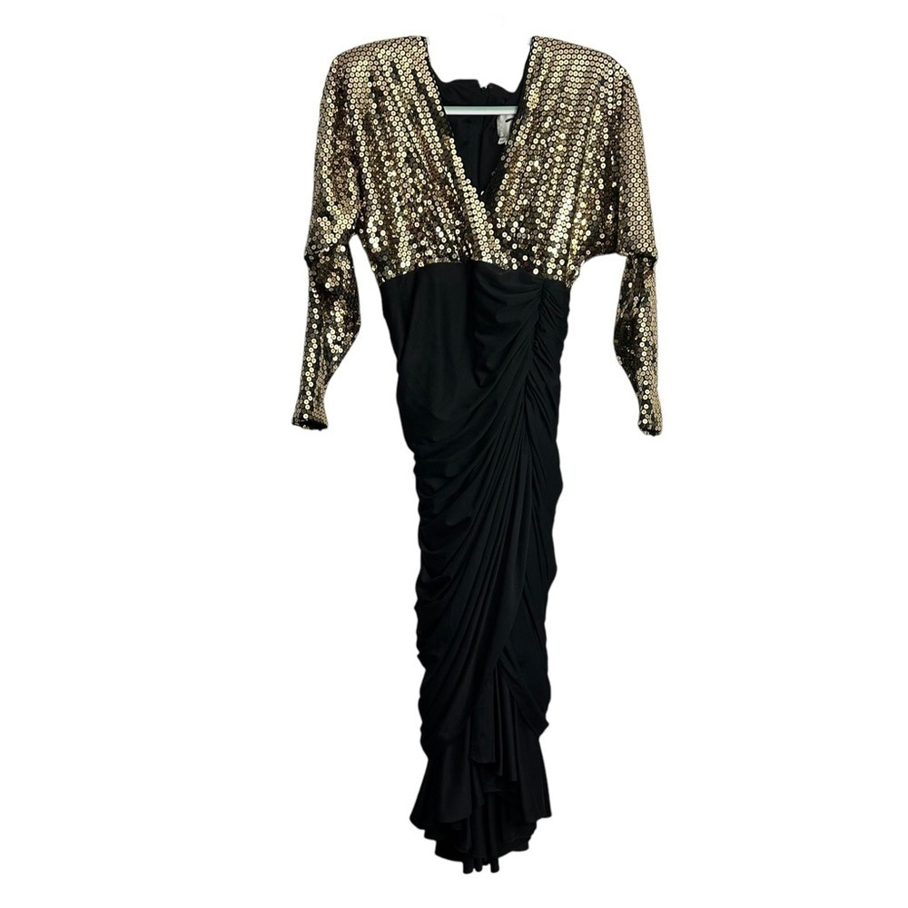 Tadashi Gold Sequin Black Ruched Bombshell Dress Vintage